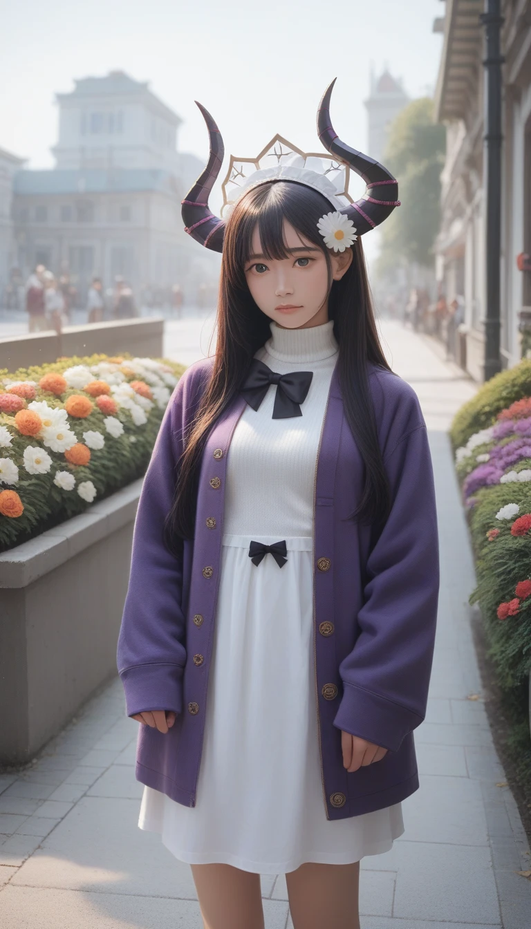 score_9_up, score_8_up, score_7_up, score_6_up,masterpiece, best quality, high resolution, hmsl1, Horned headdress, hair flower, x Hair accessories, White sweater, Purple Jacket, flower, Long sleeve, Open clothes, Black bow, Sleeves over wrists, skirt, Cowboy shooting, outdoor, street, permanent