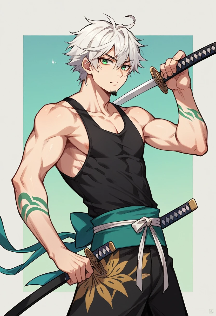 ung boy, details Intricate, 1 men, bonitas, White hair, vibrant green eyes, slim ripped m, アニメ,19 years, a small goatee, kimono de Shinigami, Shinigami, , Tank top, kimono, 2 Katanas, two swords, double katana, katana longa, ceifera of souls