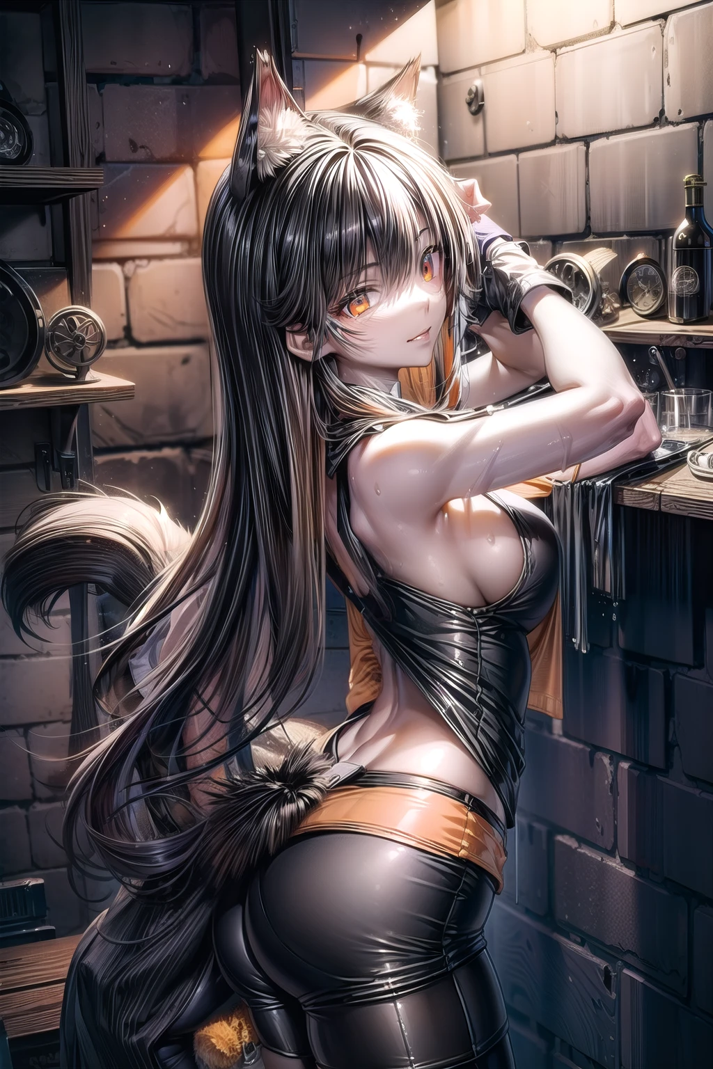 "((short steampunk corse)),((Mexicana peliroja, white skin)),((Twintail)),(1solo),(1 girl view),full_body, 1 girl view,female, young, s old, 70% nude, (long hair), ((red-light brown hair)), snowflakesdetailed cute anime face, ((pointy_ears, seductive pose, flirty with one eye closed)), (((medium_breasts, firm breasts))), (green-brown ligth eyes), random angle)":(all realistic intricate details)