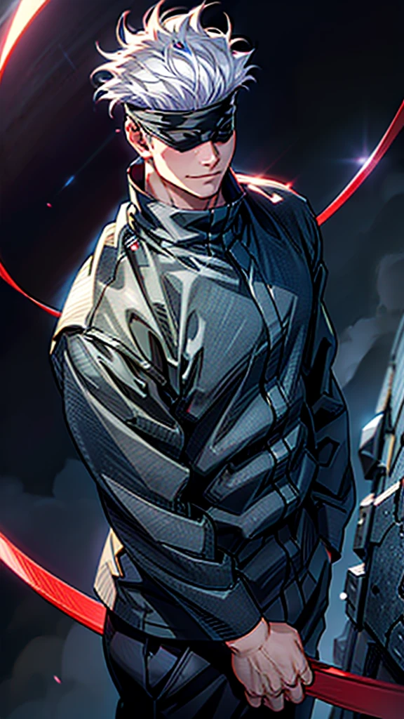 1boy, half body shot, perfect hand and fingers, satoru gojo, blindfold, black outfit, white hair, look at sky, smirk, red and blue moon city night background, wallpaper, cinematic,High resolution 8K, Bright light illumination, lens flare, sharpness, masterpiece, top-quality, The ultra -The high-definition, high resolution, extremely details CG, Anime style, Film Portrait Photography,masterpiece,hyperdetail