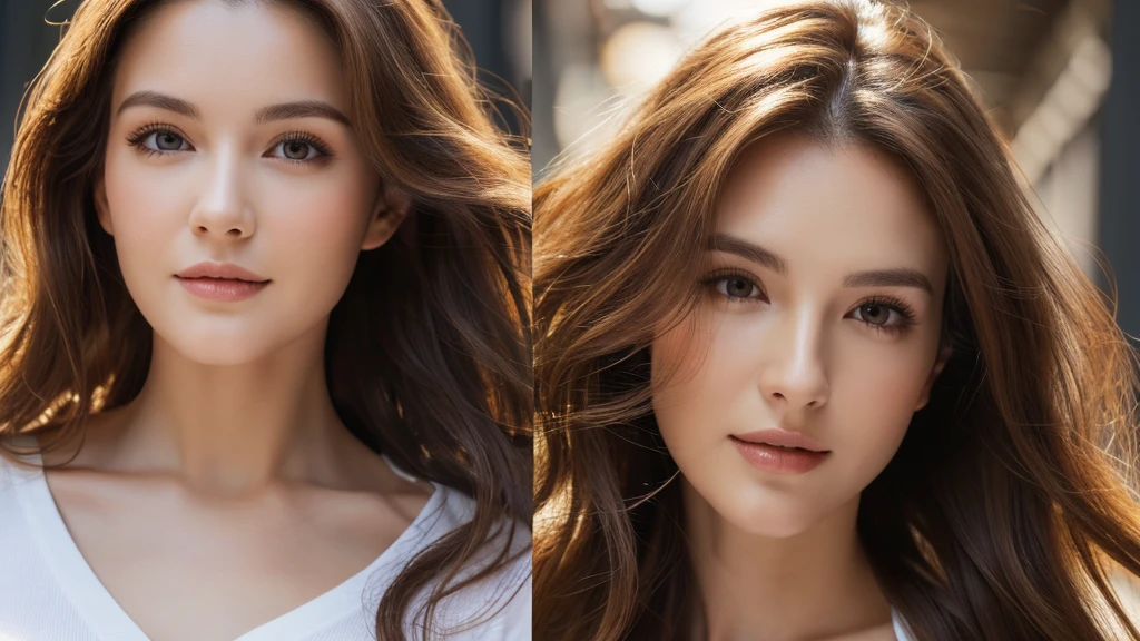 （best quality，High resolution，master piece：1.3），tall and beautiful woman，frontage，Long dark brown hair with loose waves,big breasts，V-neck white shirt，dark alley，Beautifully rendered facial and skin texture details，charming eyes，charming eyes，double eyelid