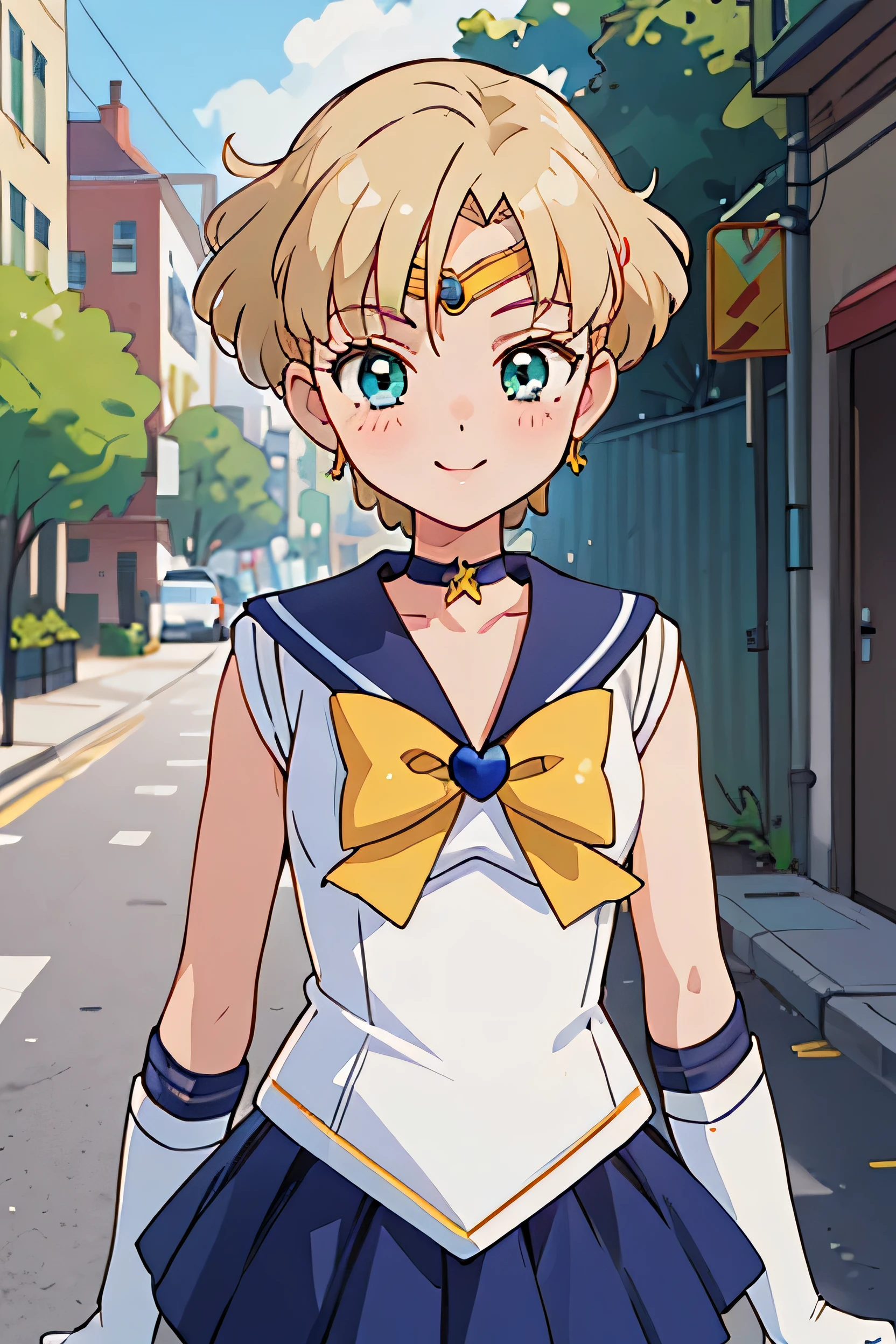 (Highest quality:1.1), (masterpiece:1.4), (Absurd:1.0), Portraiture, close,
One girl, Sailor Uranus, Relationship, Mature Woman, Small breasts, Aqua Eye, Blonde, Sailor Warrior Uniform, Sailor collar, Chest Bow, Buck Bow, Pleated skirt, White elbow gloves, city, street, alley, (blush:1.2), View your viewers, (smile:1.2),