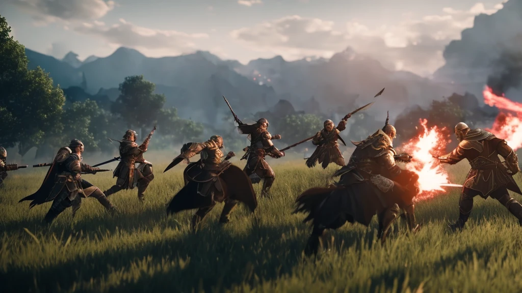 epic battle scenes, wild beasts attacking, heroes fighting, rpg style, 4k, cinematic, flame, trailer, film