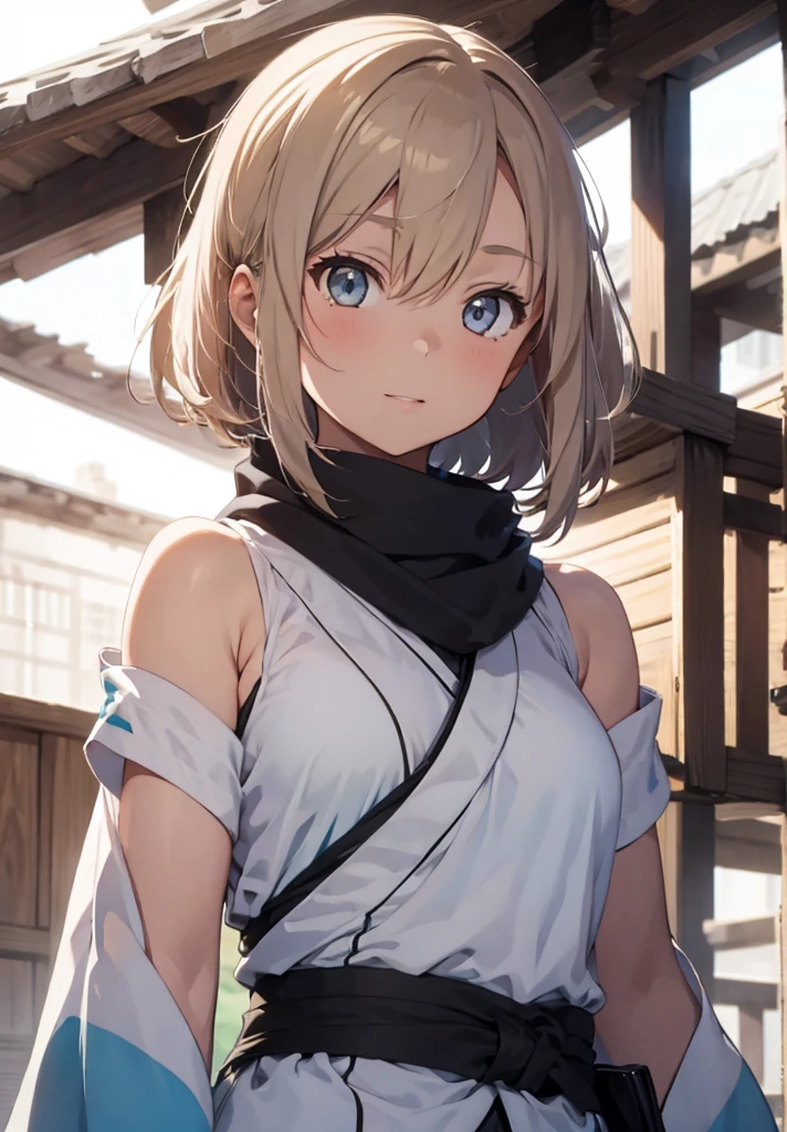 Best Quality, 1 girl, alone, okita_souji, white kimono, scarf, cowboy photography, outdoor, bare shoulders, bare shoulders, sleeveless, looking at the viewer,