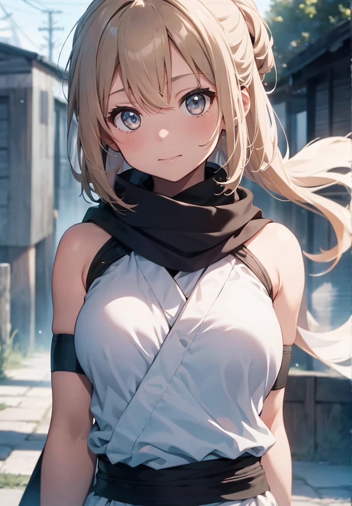 Best Quality, 1 girl, alone, okita_souji, white kimono, scarf, cowboy photography, outdoor, bare shoulders, bare shoulders, sleeveless, looking at the viewer,