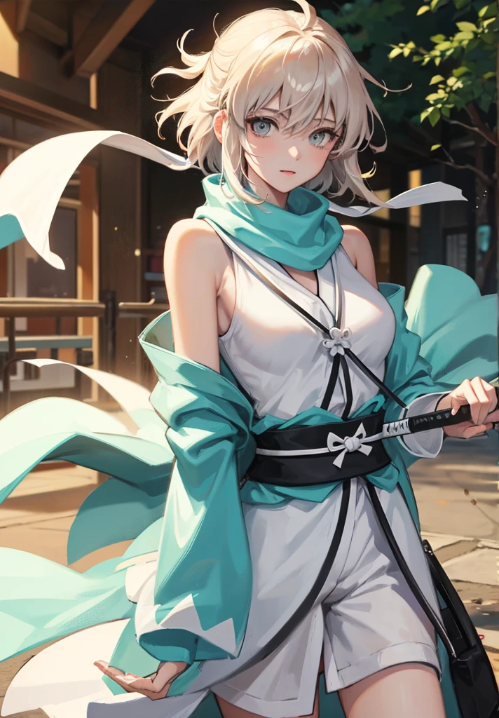 Best Quality, 1 girl, alone, okita_souji, white kimono, scarf, cowboy photography, outdoor, bare shoulders, bare shoulders, sleeveless, looking at the viewer,