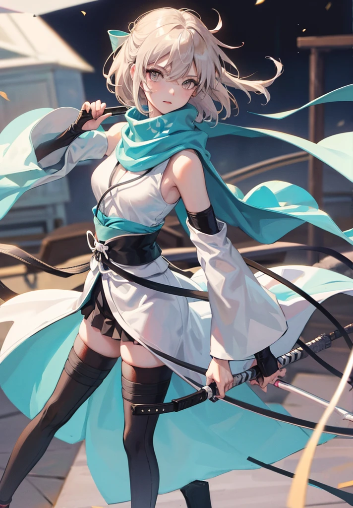 Best Quality, 1 girl, alone, okita_souji, white kimono, scarf, cowboy photography, outdoor, bare shoulders, bare shoulders, sleeveless, looking at the viewer,