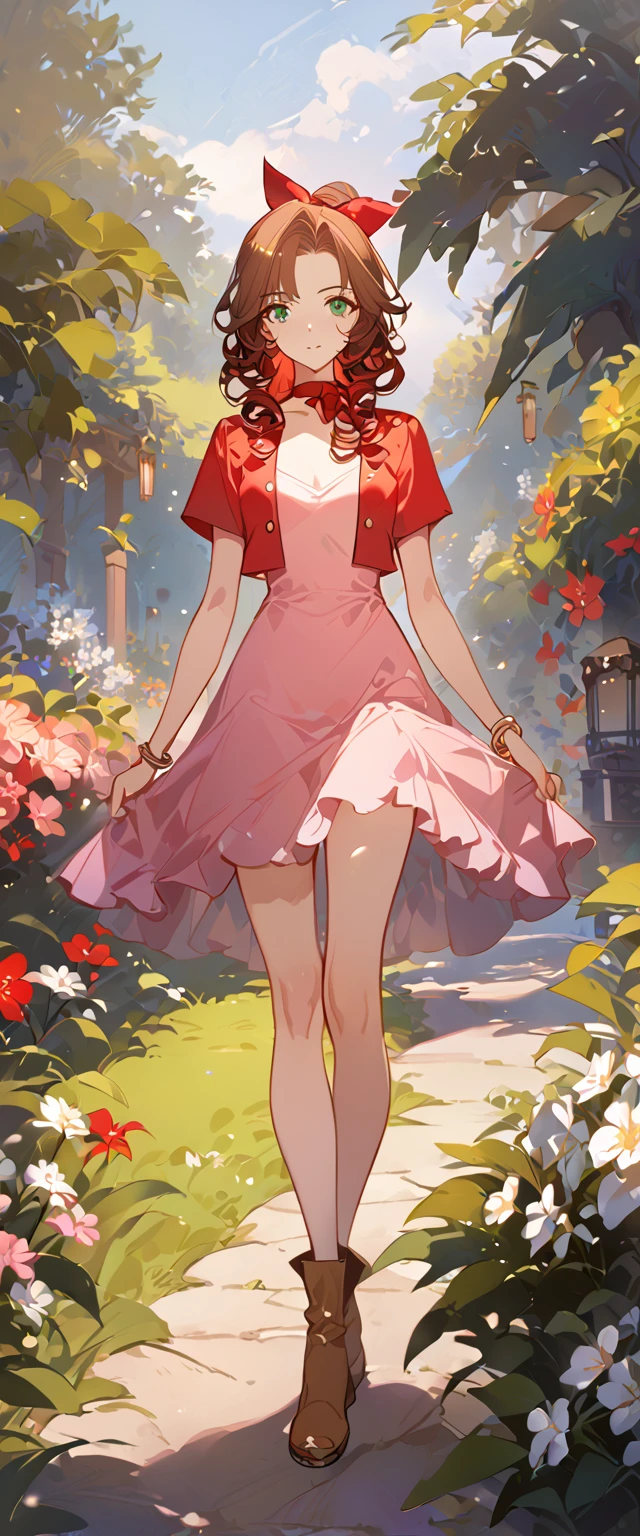 masterpiece, best quality, 8k, 4k, 1girl, aerith gainsborough, brown hair, longer side curly bang, long tight curly ponytail, green eyes, red hair ribbon, red bolero jacket, short sleeve jacket, cropped jacket, black tie choker, long pink straight dress, brown boots, bangles, walking in a garden, flowers, detailed background,, inspired by Asukaziye artist : ask, art style : ask