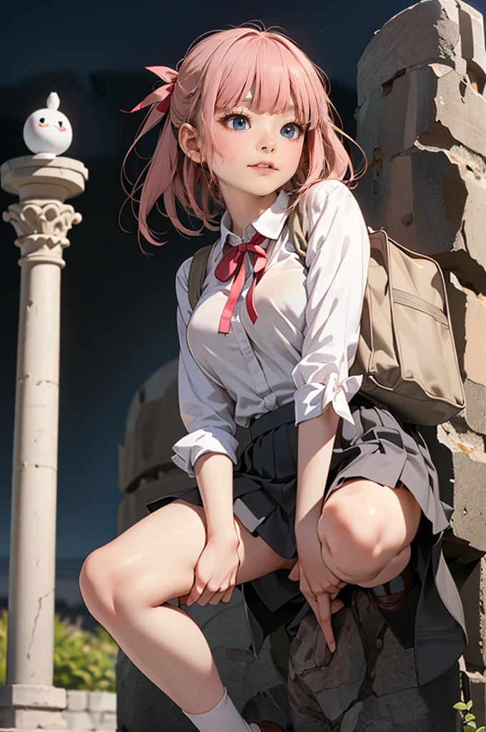 A work depicting a scene from a manga for adults, ((Stand up and slam your crotch into the edge of the rock pillar., Outdoor, Down in the dark hours))), Pleated skirt, ribbon, blush, Plastic bag, (((Round face))), Realistic sized eyes, Droopy eyes, blush, Smile of shame, Spread your legs, Open your mouth,