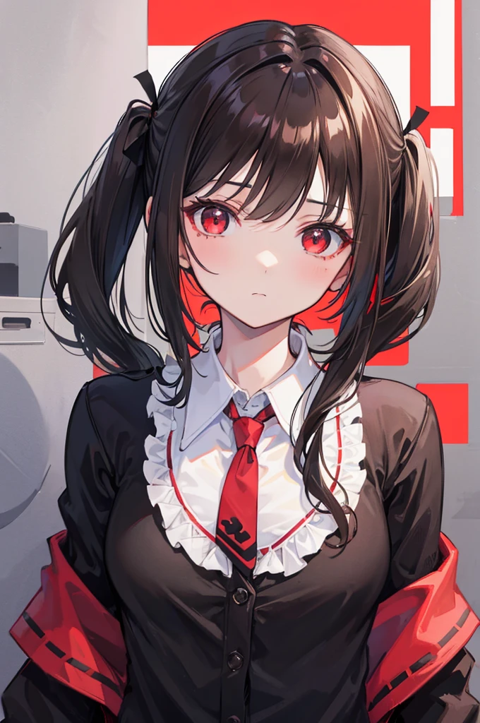 dark brown hair, short twintail, portrait, pretty girl, reticence, red eyes, Dodoham, small breasts, Open your eyes halfway, Bored look, Bangs Garma, frill shirt, Black cardigan, black ribbon tie, no red in clothes