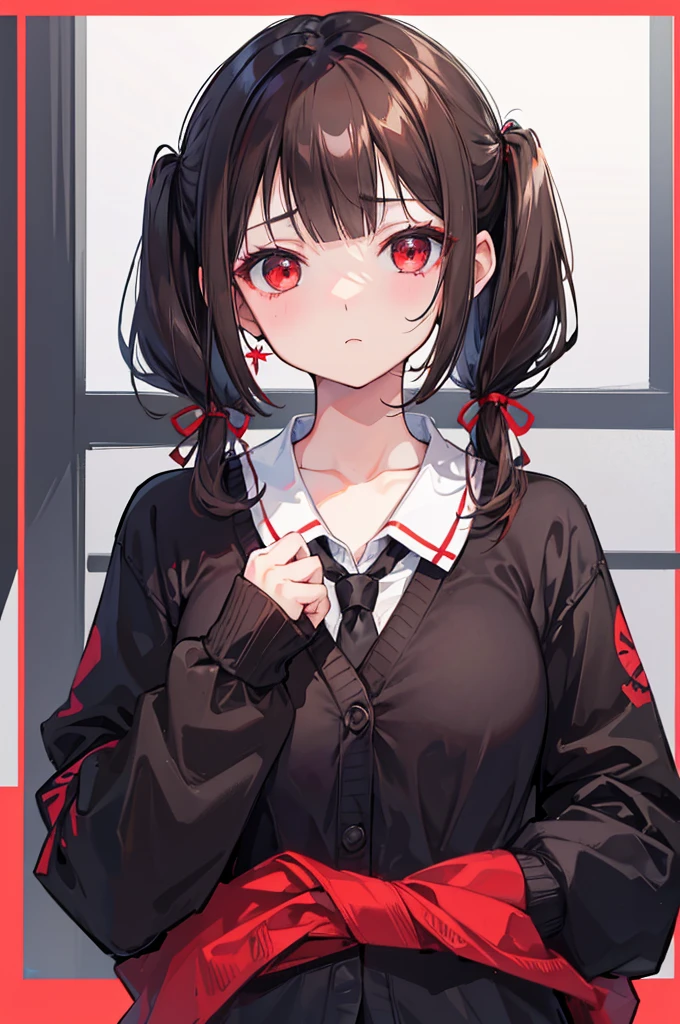 dark brown hair, short twintail, portrait, pretty girl, reticence, red eyes, Dodoham, small breasts, Open your eyes halfway, Bored look, Bangs Garma, frill shirt, Black cardigan, black ribbon tie, no red in clothes