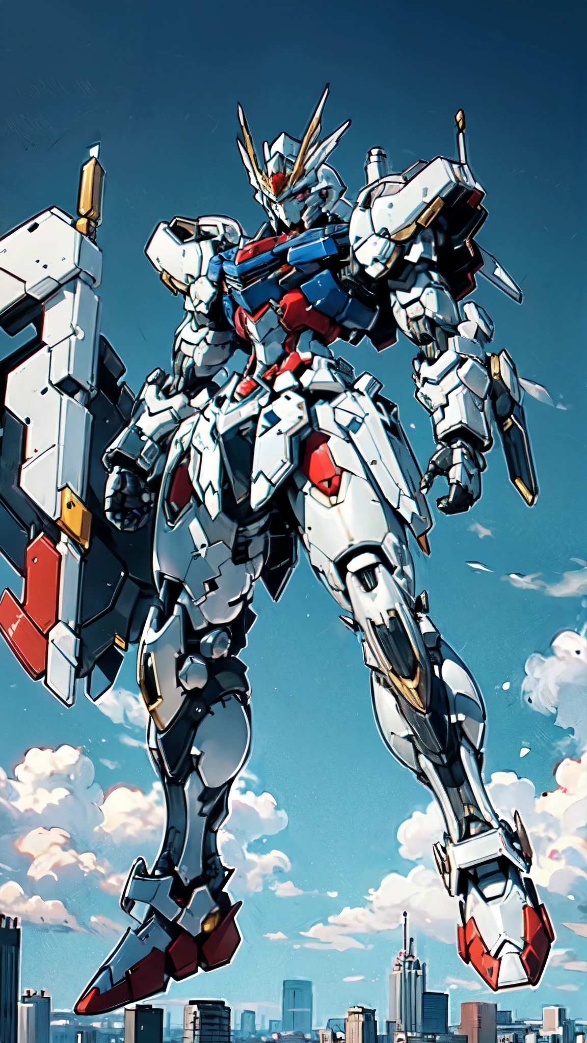 (masterpiece:1.5, best quality:1.5, extremely delicate:1.5), humanoid Mecha, fully enclosed shoulder guards, matching arm and leg guards, full body, full armor, the design balances heavy with agility, (the color scheme is primarily white with red and blue accents, the concept Inspired by Super robot, organic biotech armor, standing, floating high above the futuristic sci-fi city), exquisite and mature art style, (aura effect, energy, glowing eyes, the armor glows), metallic, dramatic, high definition, highres, ultra-detailed, ultra-fine painting, professional, perfect body proportions, anatomically correct, symmetrical face, extremely detailed eyes and face, high quality eyes, creativity, RAW photo, UHD, 32k, Natural light, cinematic lighting, masterpiece-anatomy-perfect