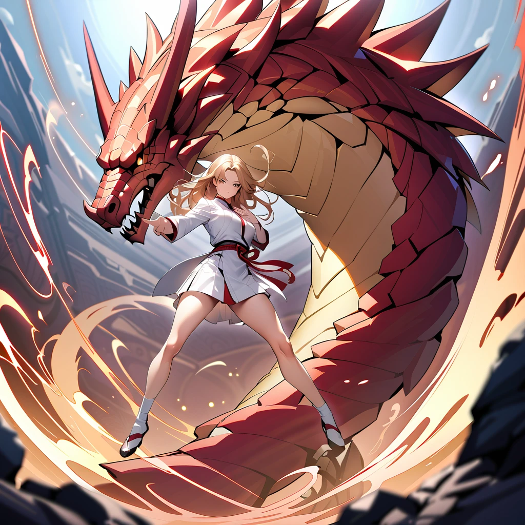((Highest quality、masterpiece、anime style、best quality、high resolution、8k、detailed、ultra-detailed:1.3))、Long legs、Sharp focus:1.2, Beautiful woman with perfect figure:1.4、(Smiling:1.2), double eyelid、30-year-old female、Sexy pose、((((Close your mouth、One Woman、white uniform worn in karate:1.5)))),The background is a different world、Woman fighting a dragon、Uplifting