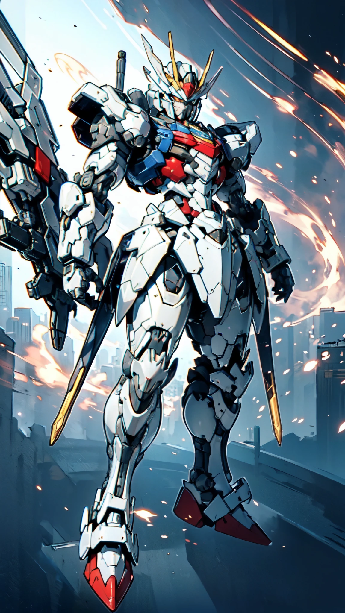 (masterpiece:1.5, best quality:1.5, extremely delicate:1.5), humanoid Mecha, fully enclosed shoulder guards, matching arm and leg guards, full body, full armor, the design balances heavy with agility, (the color scheme is primarily white with red and blue accents, the concept Inspired by Super robot, organic biotech armor, standing, floating high above the futuristic sci-fi city), exquisite and mature art style, (aura effect, energy, glowing eyes, the armor glows), metallic, dramatic, high definition, highres, ultra-detailed, ultra-fine painting, professional, perfect body proportions, anatomically correct, symmetrical face, extremely detailed eyes and face, high quality eyes, creativity, RAW photo, UHD, 32k, Natural light, cinematic lighting, masterpiece-anatomy-perfect