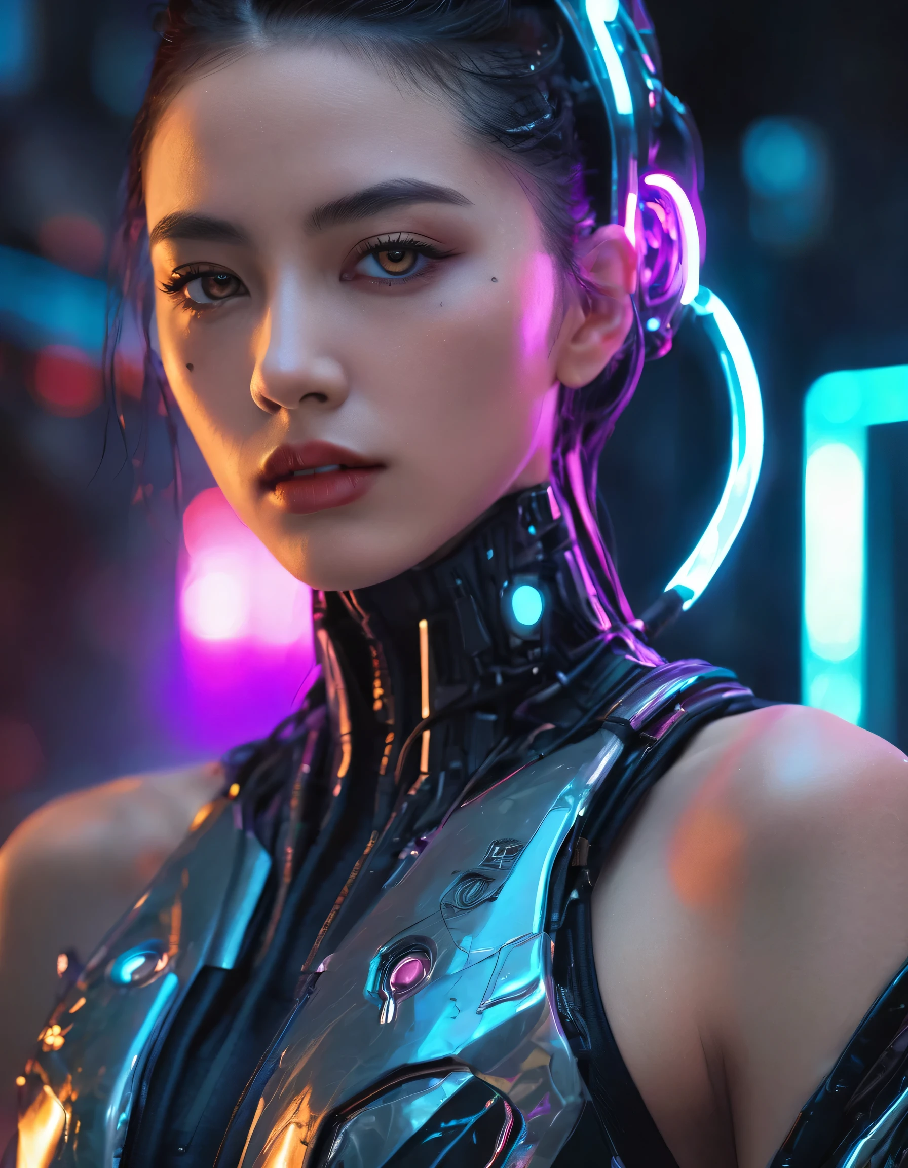 a cyborg girl, skilled hacker and fighter, dystopian future, beautiful detailed face, beautiful detailed eyes, beautiful detailed lips, extremely detailed face, striking cybernetic enhancements, dynamic pose, full body view, powerful and agile, technologically advanced prosthetics, sleek and streamlined body, glowing circuitry, neon-tinged environment, moody lighting, cinematic composition, dark and gritty cyberpunk aesthetic, photorealistic, 8k, high quality, digital art
