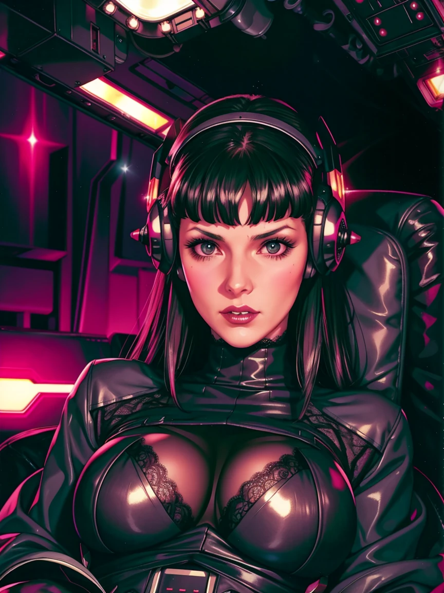 ((gothic vampire piloting in gothic spacecraft)), (((retro anime))), ((from below)), ((120 fov)), ((((gothic)) control panels)), (((mature))), (((gothic))), iridescent bodysuit, (((lace accessories))), ((pilot seat)), ((((lying back)) pose)), (((elegant))), (((serious tone))), ((cockpit top control panel)), intricate control panel details, close-up, 1990s (style), masterpiece, ((claustrophobic)), best quality, screens, ((pilot helmet)), night, (colorful cockpit lights), sparkles, (dramatic lighting), sweat, wet, [blushing], [[pointy ears]]