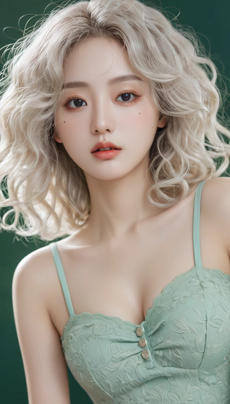 (Surrealism), (illustration), (high resolution), (8K), (Extremely detailed), (best illustration), (Beautiful and delicate eyes), (best quality), (Very detailed), (masterpiece), ( wallpaper), (Delicate face), solitary, 1 girl, White curly hair, Korean, Heterochromic Eyes, There is a small mole under the eye, Large Breasts, Long legs, Tight abdominal muscles, Dynamic poses,In the bedroom,Sitting on the bed