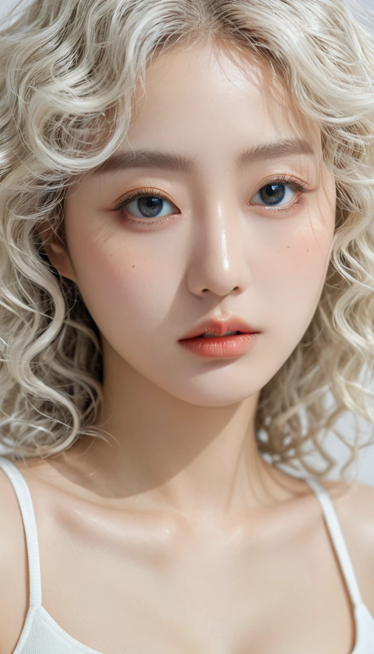 (Surrealism), (illustration), (high resolution), (8K), (Extremely detailed), (best illustration), (Beautiful and delicate eyes), (best quality), (Very detailed), (masterpiece), ( wallpaper), (Delicate face), solitary, 1 girl, White curly hair, Korean, Heterochromic Eyes, There is a small mole under the eye, Large Breasts, Long legs, Tight abdominal muscles, Dynamic poses,