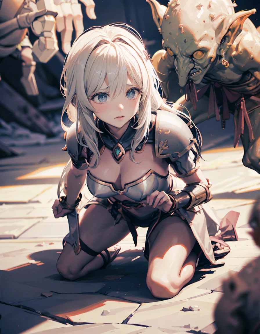 1girl,18yo,good anatomy, masterpiece, best quality,realistic, hyperrealistic, 16k hdr,(dark elf, dark skin:1.5),(earrings,silver hair,bobcut,braid,,cleavage,damaged body,sweat,beautiful face,mature female,muscular paladin,torn costume,arm guard,leg guard,shoulder armor:1.2),(red blush,angry,spread legs,squatting,hands up,eager pet pose :1.4),fantasy world,outdoor,blue sky,old castle,(surrounded many Heinous estrus goblins,:1.3),(metal collar,chain leash:1.3),(pull leash:1.2),from above