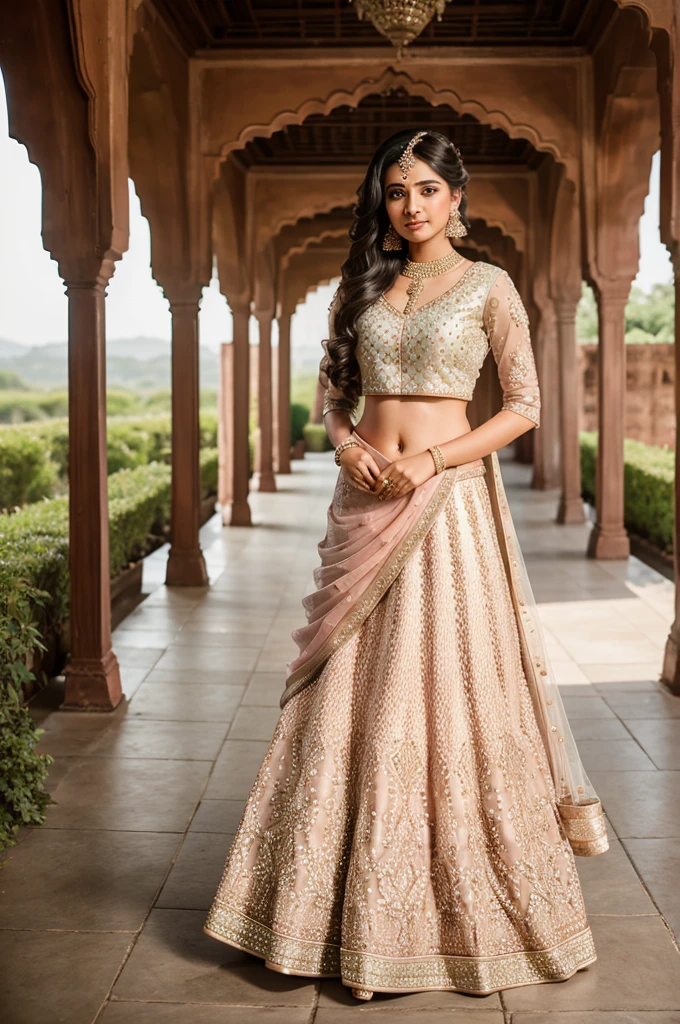 Portrait of a girl at a friend's wedding in standing pose with beautiful lehnga