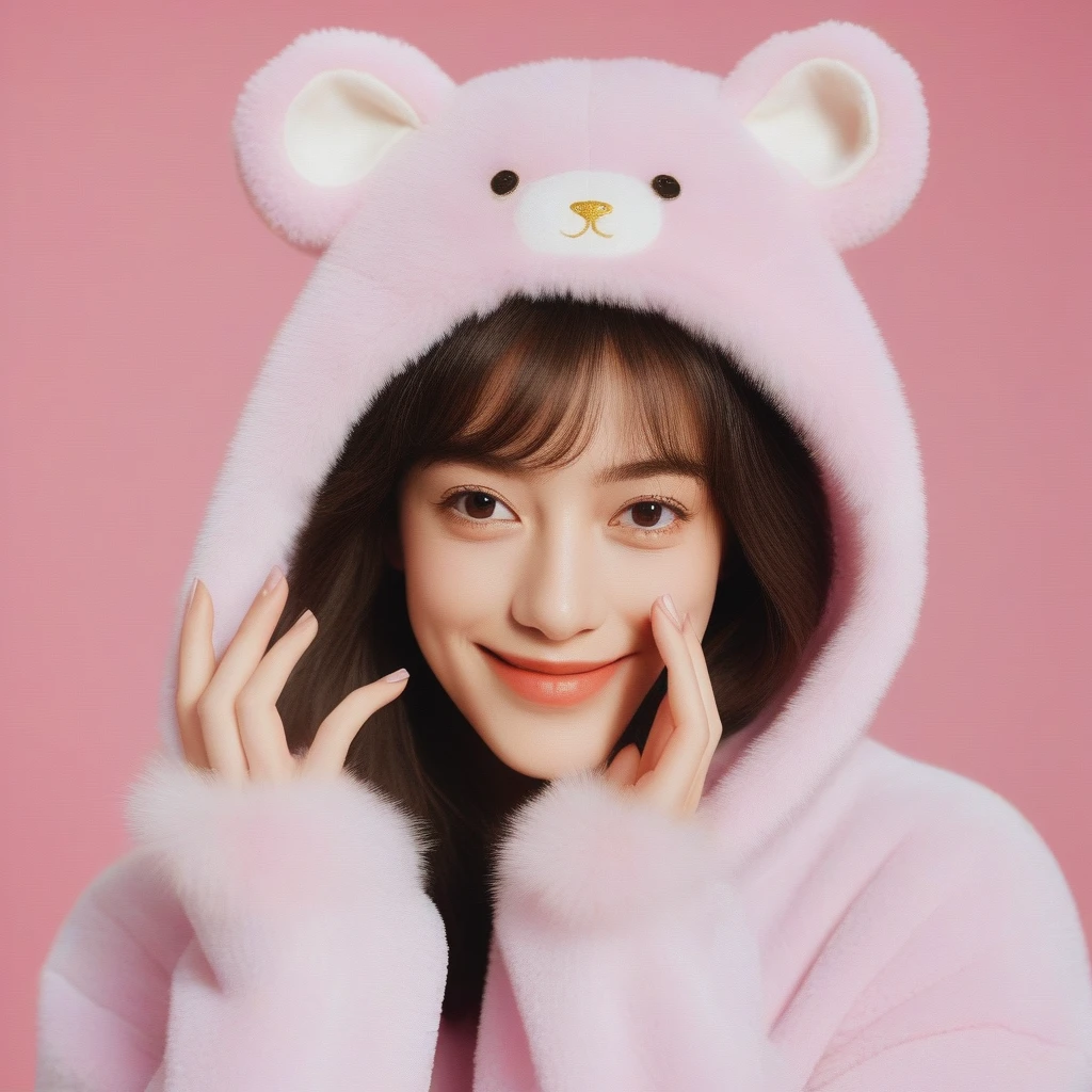 Realistic photo of a beautiful face Japanese Mechanical woman,still from the film, (Anne Hathaway look alike face: 0.9), happy smile, wearing cute sanrio hoodie, playful posture, full body, fur holographic, prismatic, PVC, Vinyl, fine luster, pastel color background, Leica SL3, Summicron-SL 75 f/2 ASPH, Kodak Gold 200 film, silhouette, shallowed depth of field, dynamic hands up,