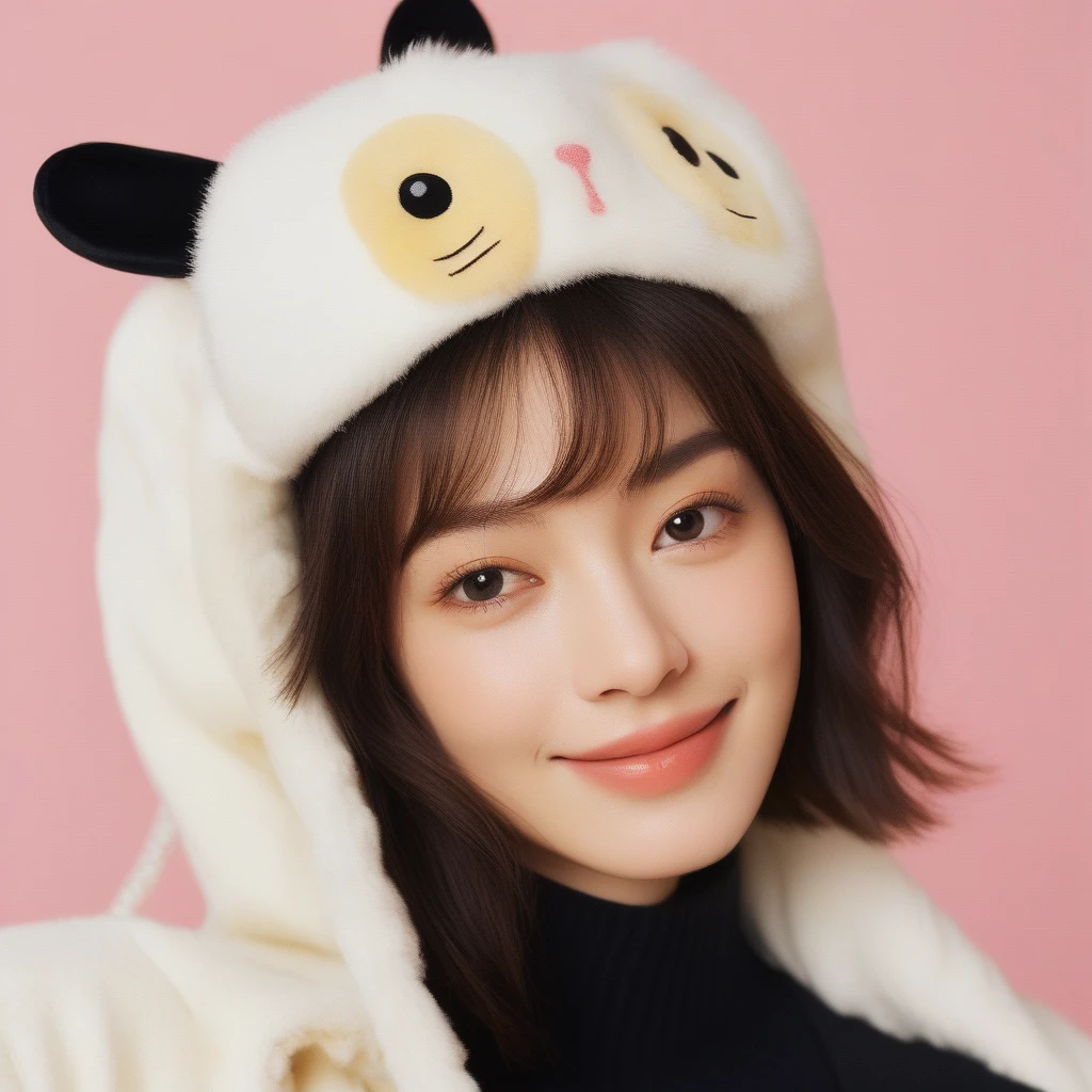 Realistic photo of a beautiful face Japanese Mechanical woman,still from the film, (Anne Hathaway look alike face: 0.9), happy smile, wearing cute sanrio hoodie, playful posture, full body, fur holographic, prismatic, PVC, Vinyl, fine luster, pastel color background, Leica SL3, Summicron-SL 75 f/2 ASPH, Kodak Gold 200 film, silhouette, shallowed depth of field, dynamic hands up,