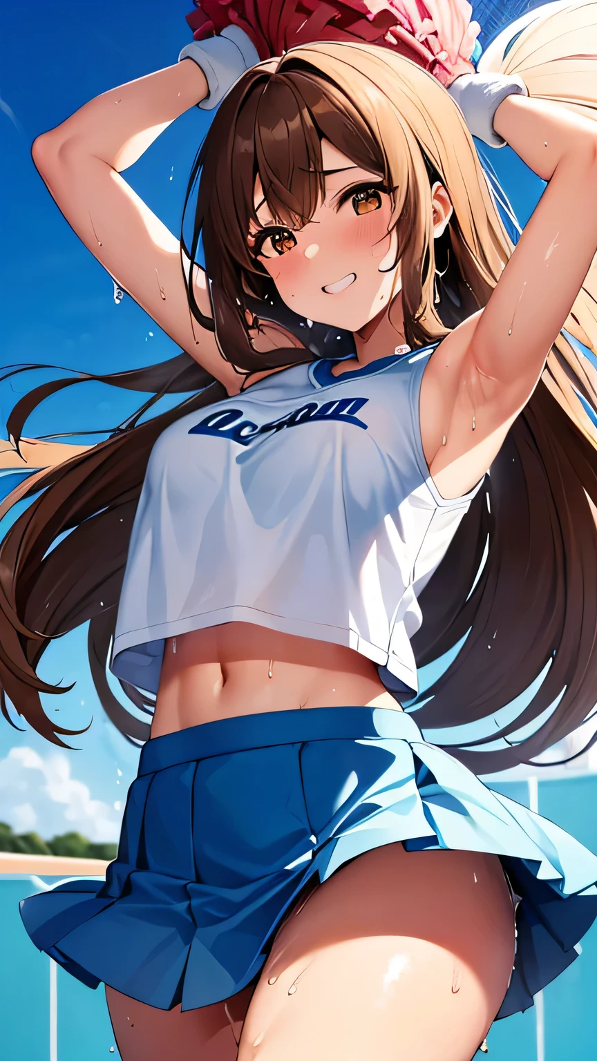 Highest quality, Soft Light, Ultra-high resolution,People Girls, alone, (Toothy smile),(Brown eyes), Beautiful face in every detail,(High resolution detail of human skin texture), (Brown long hair), break,Cheerleader,Blue sportswear,Blue tennis skirt,(Sweat:1.3),Sigh,dancing,Outdoor