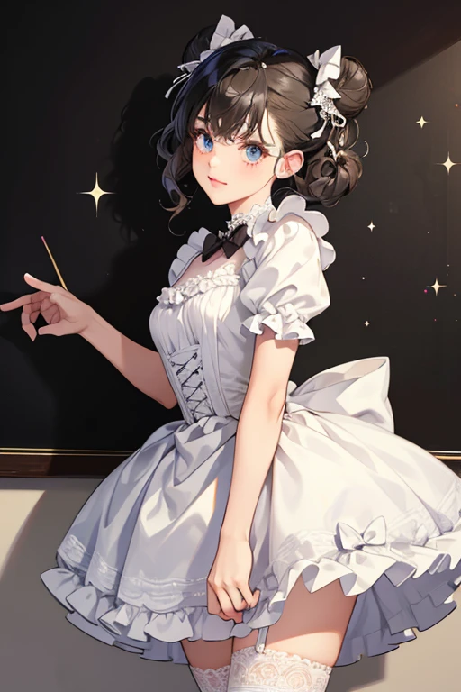 Trace E. has dark chalkboard-like skin with curly hair in two large buns. She has two bows in her hair and a heart under her left eye. Her eyes and eyelashes are outlined in white chalk. She wears a dress with a big bow at the waist and frill at the bottom. She also has boots with lace on them. SPARKLE; GLITTER