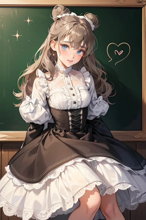 Trace E. has dark chalkboard-like skin with curly hair in two large buns. She has two bows in her hair and a heart under her left eye. Her eyes and eyelashes are outlined in white chalk. She wears a dress with a big bow at the waist and frill at the bottom. She also has boots with lace on them. SPARKLE; GLITTER