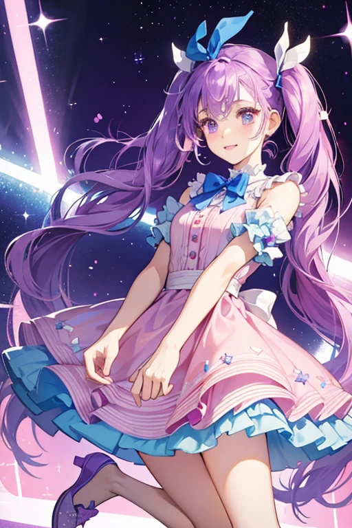 Tress is a fair-skinned girl with purple hair worn in pigtails. She wears a bright blue bow in her hair, a pale pink dress with pink and white accents, and purple shoes. SPARKLE; GLITTER