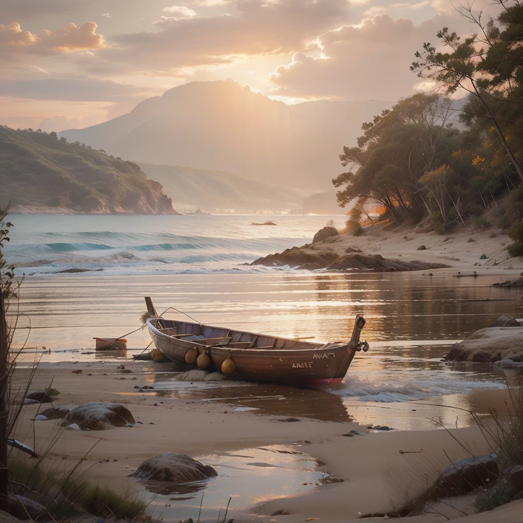 Winner of the award for best photography of the year, (the scene captures with extreme clarity,
color and texture) a Turquoise Coast of Baja California, capturing the essence of a serene Mexican Panga boat
anchored in the golden sand of a picturesque beach. The boat's awning extends across the side view,
while fishing rods and palapas dot the landscape. Rock formations rise from the shore, with people scattered,
blending harmoniously in the distance. ((Soft pinkish-orange tones blend with the sky)),
reminiscent of the magic hour when the sun hides behind the horizon.
The rule of thirds composition places the ship at the intersection of two diagonals,
drawing the viewer's attention to the tranquil scene. The brushwork is textured and realistic,
evoking the style of artists such as Aytek Cetin, Max Rive, Tanmay Sapkal, Andrea Zappia and Daniel Gerhartz.