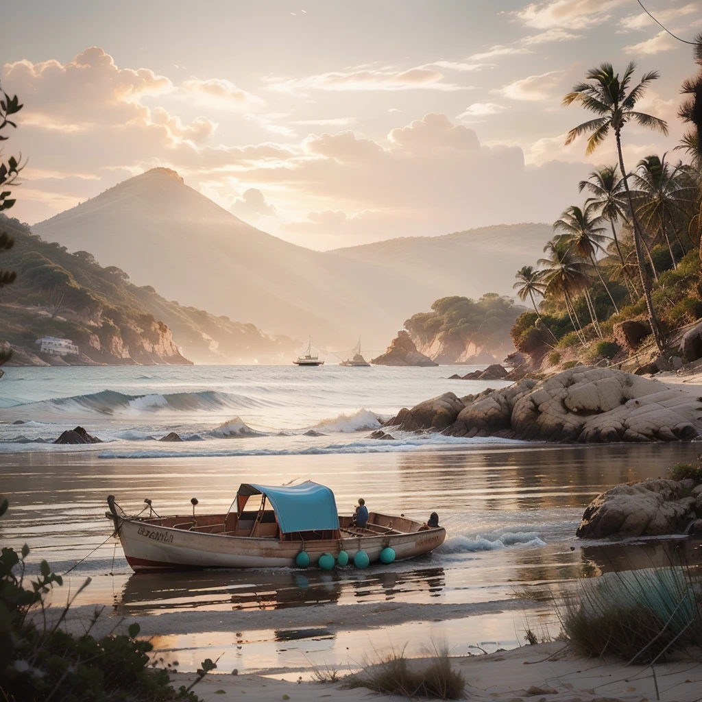 Winner of the award for best photography of the year, (the scene captures with extreme clarity,
color and texture) a Turquoise Coast of Baja California, capturing the essence of a serene Mexican Panga boat
anchored in the golden sand of a picturesque beach. The boat's awning extends across the side view,
while fishing rods and palapas dot the landscape. Rock formations rise from the shore, with people scattered,
blending harmoniously in the distance. ((Soft pinkish-orange tones blend with the sky)),
reminiscent of the magic hour when the sun hides behind the horizon.
The rule of thirds composition places the ship at the intersection of two diagonals,
drawing the viewer's attention to the tranquil scene. The brushwork is textured and realistic,
evoking the style of artists such as Aytek Cetin, Max Rive, Tanmay Sapkal, Andrea Zappia and Daniel Gerhartz.