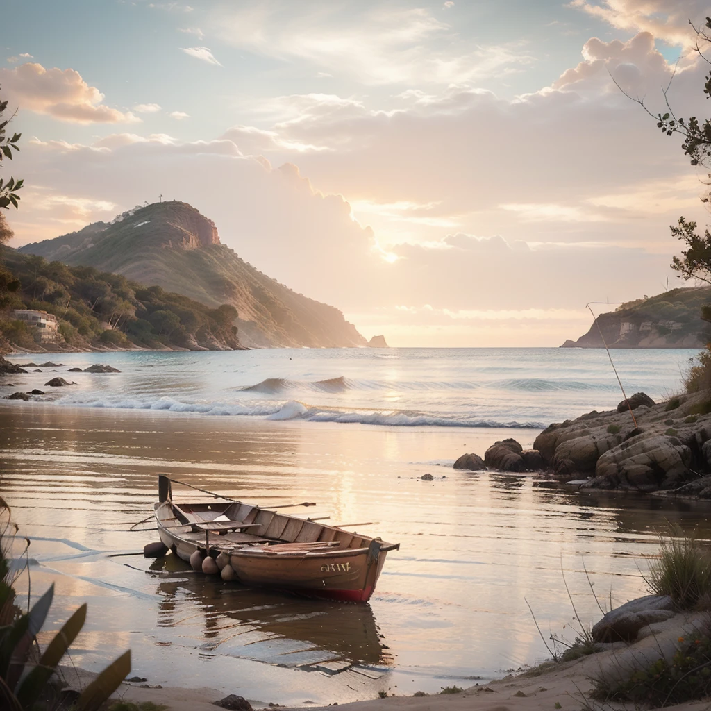 Winner of the award for best photography of the year, (the scene captures with extreme clarity, 
color and texture) a Turquoise Coast of Baja California, capturing the essence of a serene Mexican Panga boat 
anchored in the golden sand of a picturesque beach. The boat's awning extends across the side view, 
while fishing rods and palapas dot the landscape. Rock formations rise from the shore, with people scattered, 
blending harmoniously in the distance. ((Soft pinkish-orange tones blend with the sky)), 
reminiscent of the magic hour when the sun hides behind the horizon. 
The rule of thirds composition places the ship at the intersection of two diagonals, 
drawing the viewer's attention to the tranquil scene. The brushwork is textured and realistic, 
evoking the style of artists such as Aytek Cetin, Max Rive, Tanmay Sapkal, Andrea Zappia and Daniel Gerhartz.