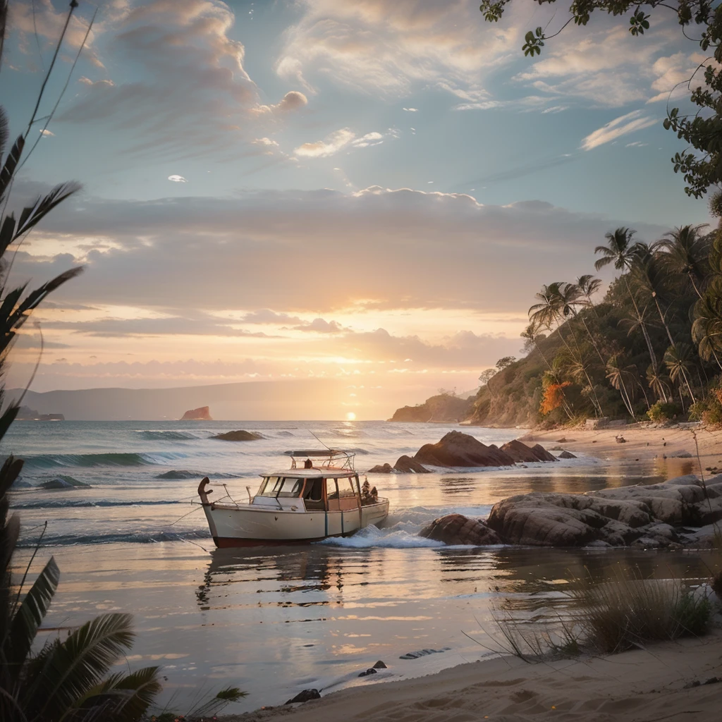 Winner of the award for best photography of the year, (the scene captures with extreme clarity, 
color and texture) a Turquoise Coast of Baja California, capturing the essence of a serene Mexican Panga boat 
anchored in the golden sand of a picturesque beach. The boat's awning extends across the side view, 
while fishing rods and palapas dot the landscape. Rock formations rise from the shore, with people scattered, 
blending harmoniously in the distance. ((Soft pinkish-orange tones blend with the sky)), 
reminiscent of the magic hour when the sun hides behind the horizon. 
The rule of thirds composition places the ship at the intersection of two diagonals, 
drawing the viewer's attention to the tranquil scene. The brushwork is textured and realistic, 
evoking the style of artists such as Aytek Cetin, Max Rive, Tanmay Sapkal, Andrea Zappia and Daniel Gerhartz.