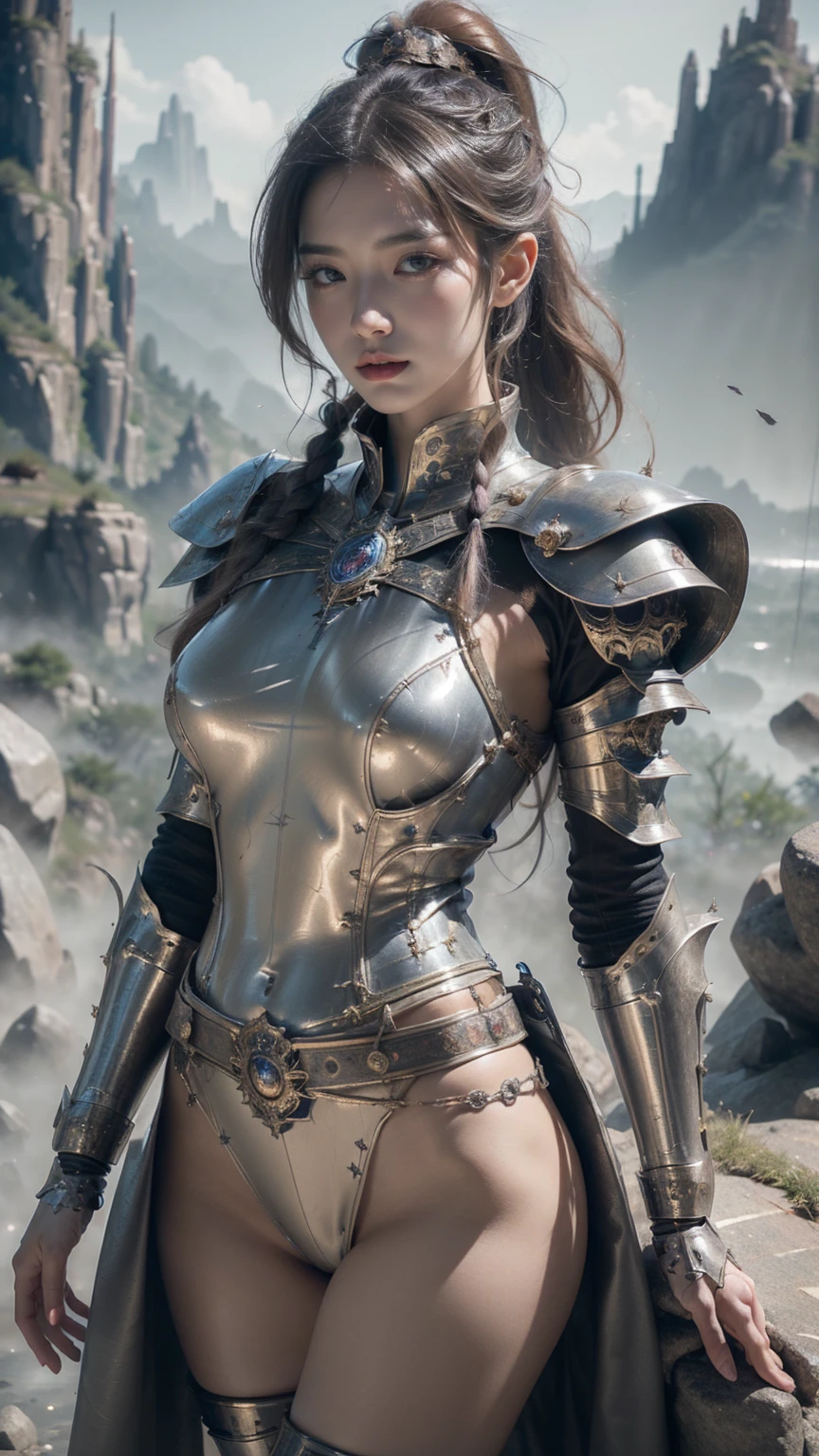 ((Front facing)), Game art，The best picture quality，Highest resolution，32K，(A bust photograph)，(Portrait)，(Head close-up)，(Rule of thirds)，Unreal Engine 5 rendering works， (The Girl of the Future)，beautiful face, (Female Warrior)， 20-year-old girl，sexy,  elegant smile, ponytail, Single Braid, ((Hunter, Marshal gunslinger))，An eye rich in detail，(Big breasts)，Elegant and noble，indifferent，brave， （Medieval-style fur combat clothing, sexy lace top，Glowing magic lines，Animal skin clothing with rich detailedieval Lady Knight，Medieval ranger， photo poses，simple background，Movie lights，Ray tracing，Game CG，((3D Unreal Engine))，OC rendering reflection pattern