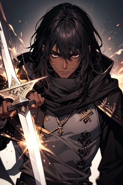 naughty man, -up, dark-skinned, long medium length hair with bangs, Bblack hair, olhos dark-skinned , warrior, sword with engravings and sparks of energy, tattoo's, hooded scarf, RPG