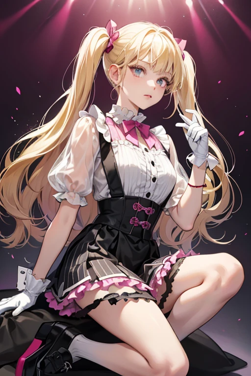 Tricky is a fair-skinned girl with normal black eyes and pale pink cheeks. She has blonde hair with straight cut bangs divided into multiple sections. She wears her hair in low, middle-head pigtails.
Her attire resembles her older sister's. She wears a black-gray blouse with very thin white vertical stripes and a white frilled collar with two red heart buttons. Tricky also wears a frilled magenta skirt with a very thin see-through layer on top with tiny dark pink spots. Her shoes are black flats with fuchsia bow straps over the foot. She wears white gloves. SPARKLE; GLITTER