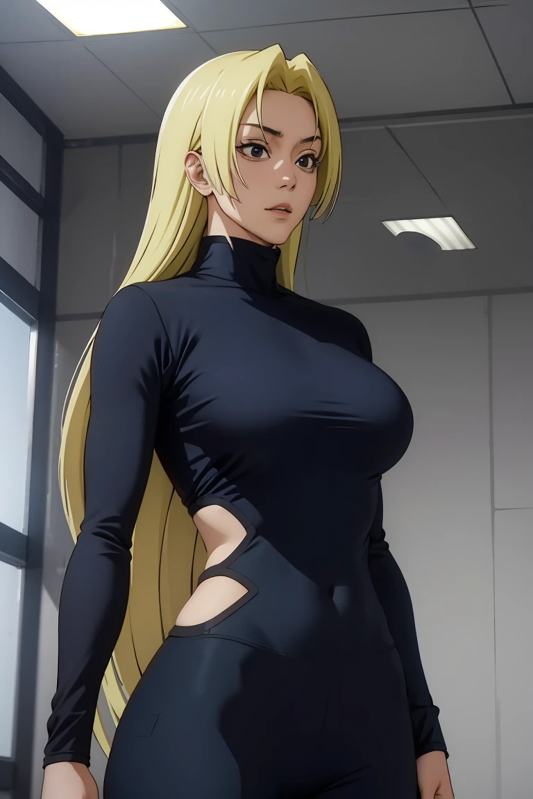 Yuki tsukumo from jujutsu kaisen, long hair, blonde hair, long belly, big , tight body, front view detailed body , bodysuit, looking at viewer, cowboy shot 