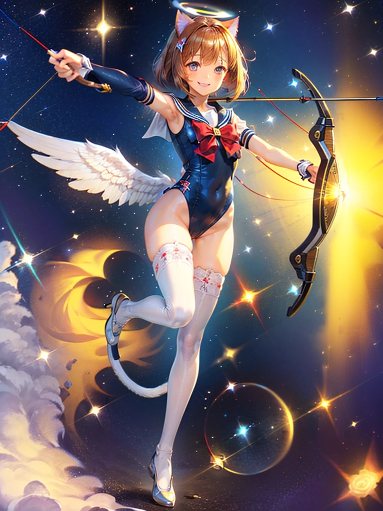 Highest quality,Highest Resolution,Masterpiece,(((A beautiful girl in a sailor leotard with a smile on her face))),High leg,Frills,White knee-high stockings,,Red tie,(((Cat ear))),(((Halation))),Brown hair short bob,(((Elaborate:archery))),White angel wings on the back,universe,Milky Way,Meteor,dark,Bow of Light,whole body,Bow of Light,A distant view,Side view,(((Draw the bow))),Halo,弓を引いている,