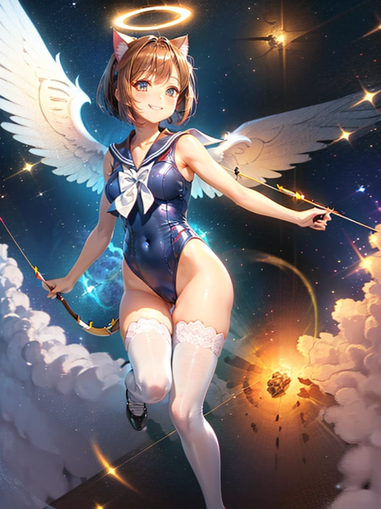 Highest quality,Highest Resolution,Masterpiece,(((A beautiful girl in a sailor leotard with a smile on her face))),High leg,Frills,White knee-high stockings,,Red tie,(((Cat ear))),(((Halation))),Brown hair short bob,(((Elaborate:archery))),White angel wings on the back,universe,Milky Way,Meteor,dark,Bow of Light,whole body,Bow of Light,A distant view,Side view,(((Draw the bow))),Halo,弓を引いている,