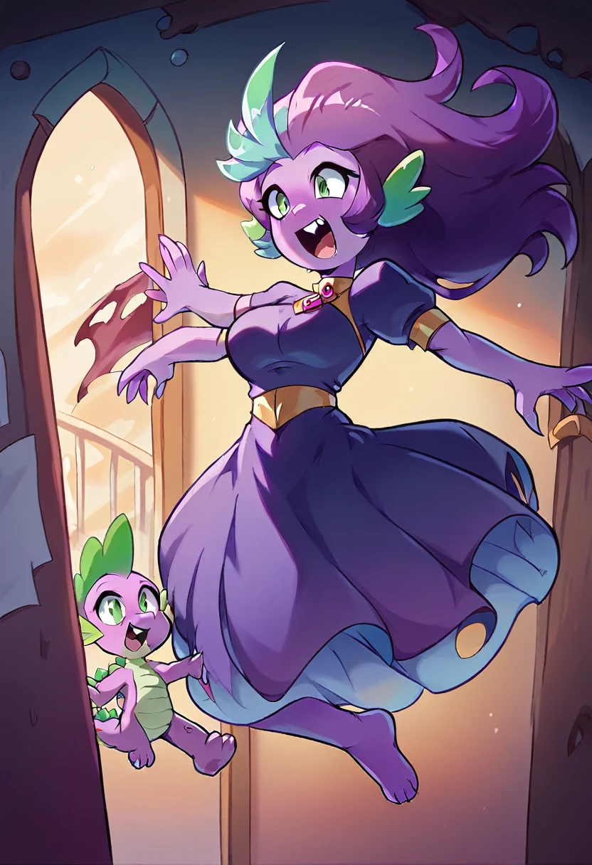 Ghost, (monster Girl), Purple skin, spike, Spiky purple hair, Caught Laughter, Floating Hand, Wearing a deep purple dress, Floating in the air, masterpiece, Highest quality