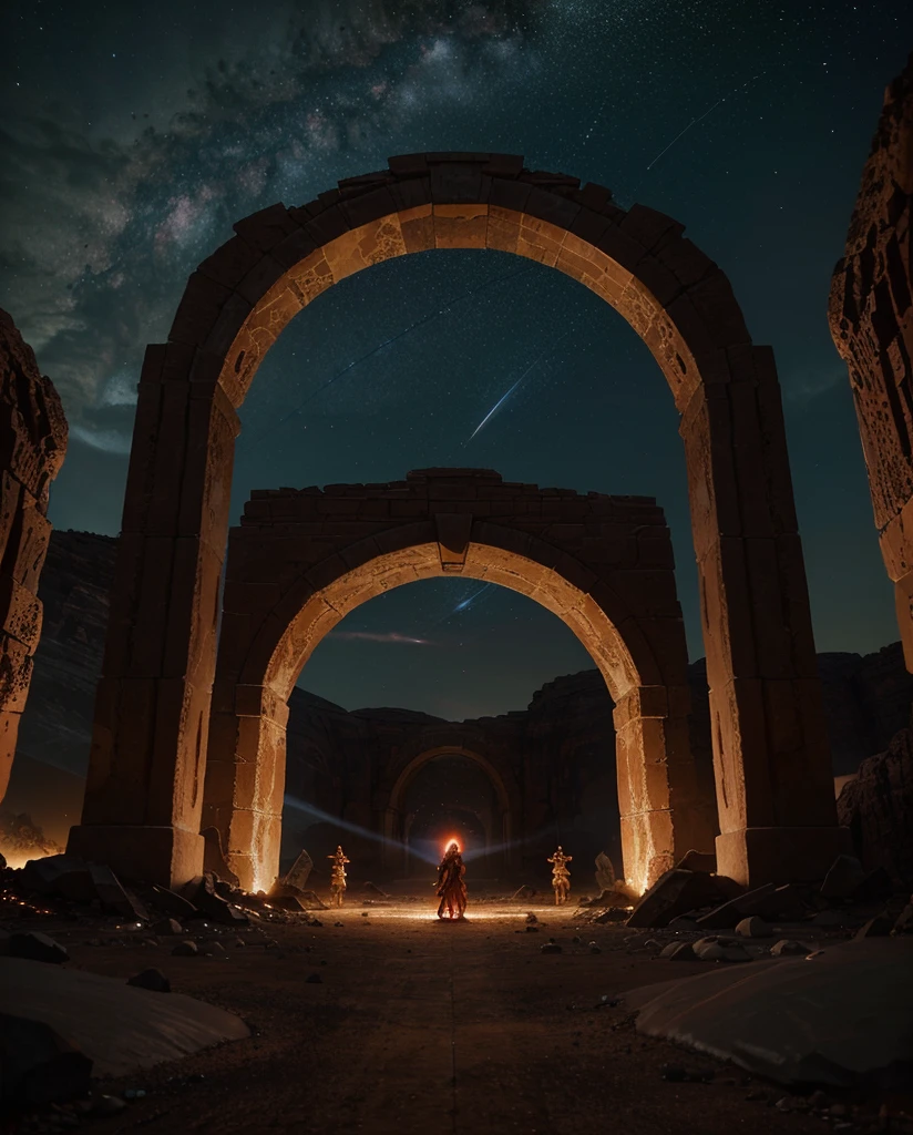 landscape, scorched earth, red earth, dimensional gate, demonic energy, portal (object), giant arch with statues, particles, desert, night, stars, volumetric lighting, best quality, masterpiece, hand painted textures, intricate details, realistic, wrcrft