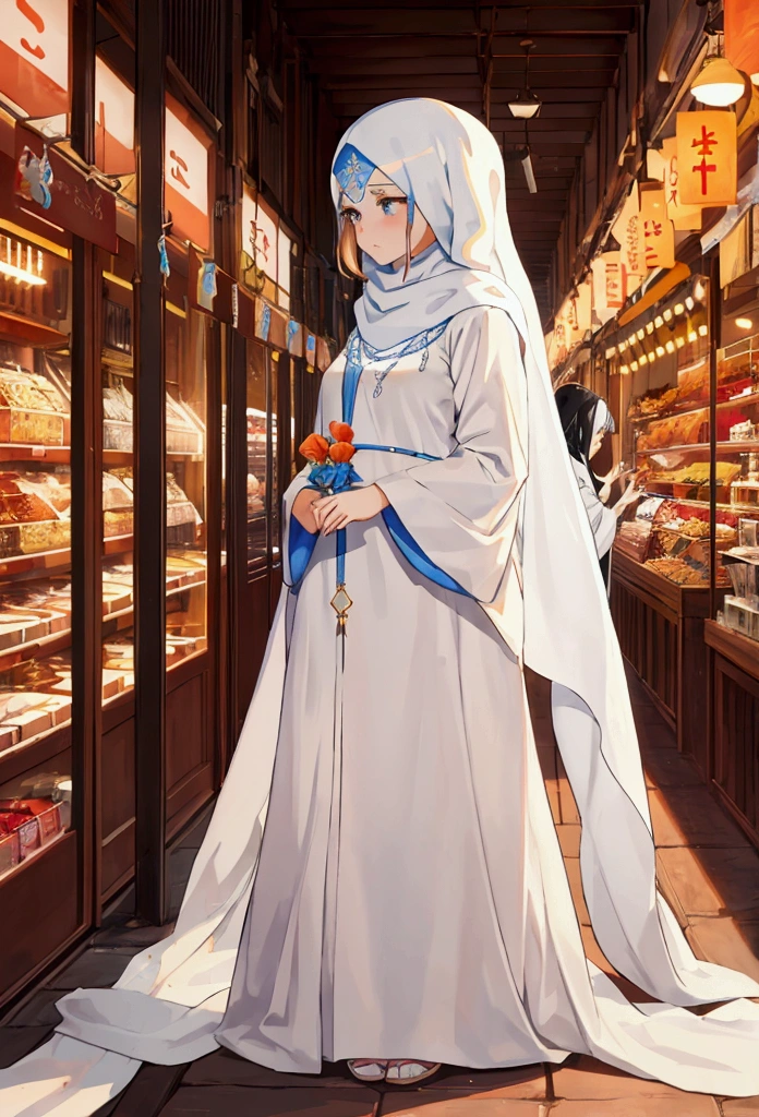 ((the girl is wearing a simple white hijab)), long hijab, ((she is wearing a very long simple white loose abaya)), the abaya has long sleeves, ((extremely long abaya)), long veil, back view, back view, he was in a narrow, dark and winding corridor in a building, the building looked old and unkempt and messy, in the building there were many markets, in the corridor there were many shops lit by lights, traditional shop, traditional market, there was a corridor road branches, one of which led to the outside. Outside, the blue clouds and white sky showed that the building he was in was on the top floor, XL more detail,Architectural100,clouds,scenery,sky,high saturation,extremely detailed