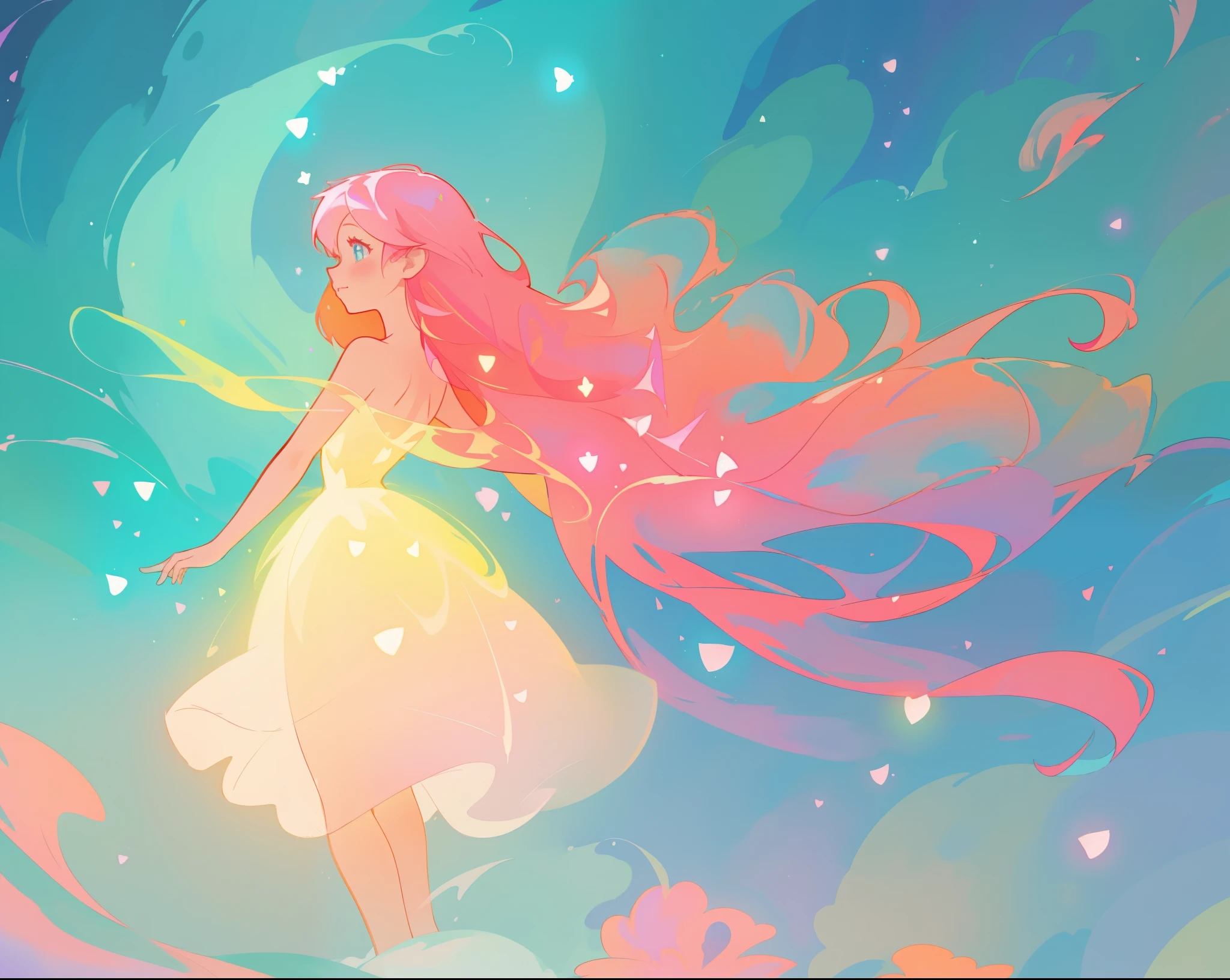 beautiful girl in puffy white tutu dress, vibrant pastel colors, (colorful), magical lights, long flowing pink hair, inspired by Glen Keane, inspired by Lois van Baarle, disney art style, by Lois van Baarle, glowing aura around her, by Glen Keane, jen bartel, glowing lights! digital painting, flowing glowing hair, glowing flowing hair, beautiful digital illustration, fantasia background, whimsical, magical, fantasy, beautiful face, ((masterpiece, best quality)), intricate details, highly detailed, sharp focus, 8k resolution, sparkling detailed eyes, liquid watercolor