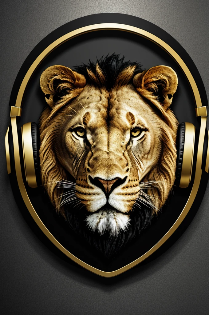 Lion logo with headphones on angry with roaring face, minimalist and maori combined gold black and gray colors all enclosed in a circle