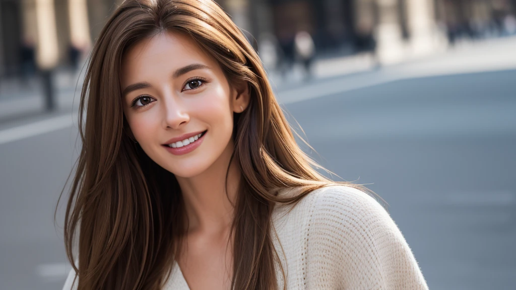 masterpiece, Best Quality, Photorealistic, Ultra-detailed, finely detailed, High resolution, 8K Wallpaper, 1 beautiful woman, light brown hair, sharp focus, Perfect dynamic composition, Beautiful detailed eyes, detailed hairs, Detailed realistic skin texture, Smiling, portrait, Model body type, Take a walk on the street of London,