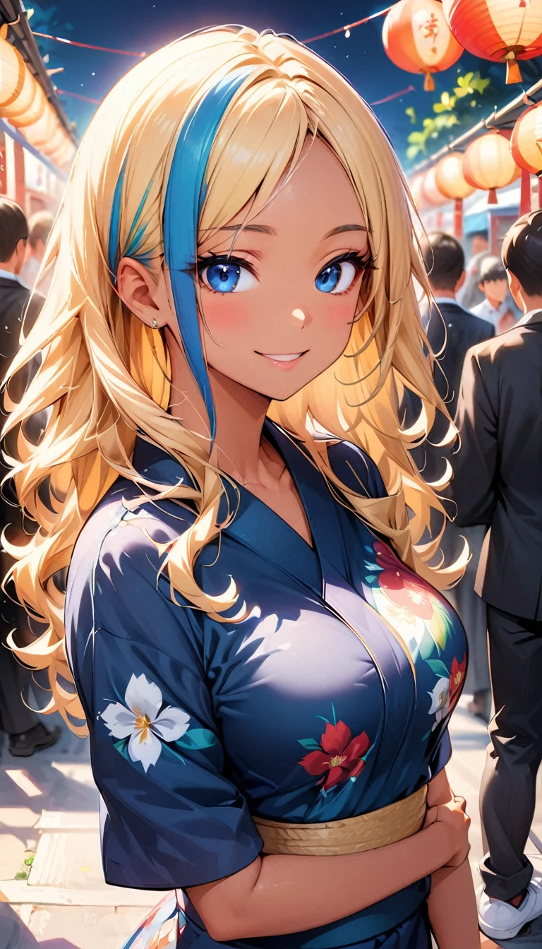 (highest quality:1.2, Very detailed, up to date, Vibrant, Ultra-high resolution, High Contrast, masterpiece:1.2, highest quality, Best aesthetics), Portraiture, girl, slim, 25 years old, Bright colors、Beautiful fine details、Beautiful lip detail、long hair, ((wavy hair:0.4))、messy hair, blonde and blue ((streaked hair:1.4)), highlights hair: 1.4, (medium breast:1), (tan skin:1.3), 、(traditional yukata), flower print, summer festival, bon dance, ((smile:1)), cowboy shot,