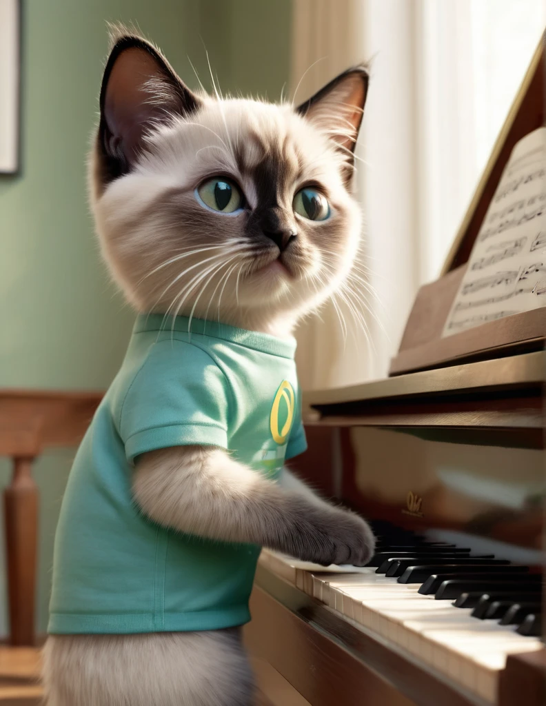 An anthropomorphic image of a human kitten, a Persian Siamese kitten standing on a wooden bench playing the piano, wearing a green t-shirt with the "Opel" logo and short light blue pants, in a cozy room, with his hands gently placed on the piano, with his gaze fixed on the piano seems to direct a silent piano performance. Soft morning light streams in through the window, casting a warm glow on the scene. The cat's expression is concentrated, the whiskers move with concentration, as if lost in the melody, full HD, 8k full shot image