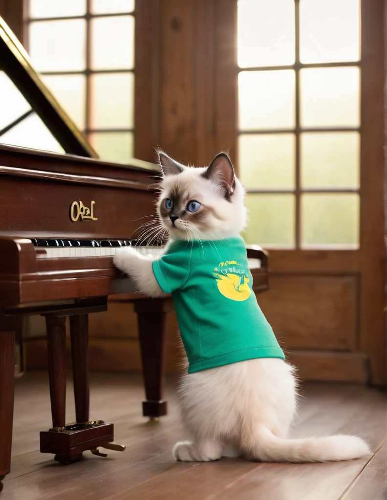 An anthropomorphic image of a human kitten, a Persian Siamese kitten standing on a wooden bench playing the piano, wearing a green t-shirt with the "Opel" logo and short light blue pants, in a cozy room, with his hands gently placed on the piano, with his gaze fixed on the piano seems to direct a silent piano performance. Soft morning light streams in through the window, casting a warm glow on the scene. The cat's expression is concentrated, the whiskers move with concentration, as if lost in the melody, full HD, 8k full shot image