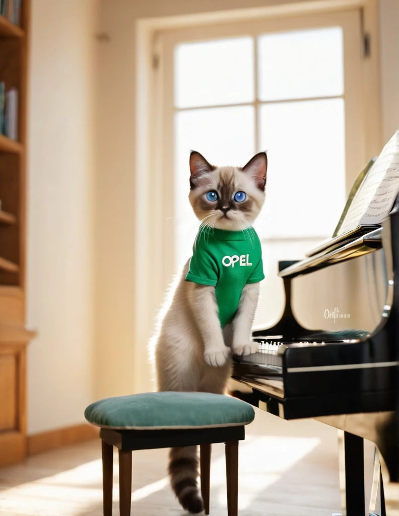 An anthropomorphic image of a human kitten, a Persian Siamese kitten standing on a wooden bench playing the piano, wearing a green t-shirt with the "Opel" logo and short light blue pants, in a cozy room, with his hands gently placed on the piano, with his gaze fixed on the piano seems to direct a silent piano performance. Soft morning light streams in through the window, casting a warm glow on the scene. The cat's expression is concentrated, the whiskers move with concentration, as if lost in the melody, full HD, 8k full shot image